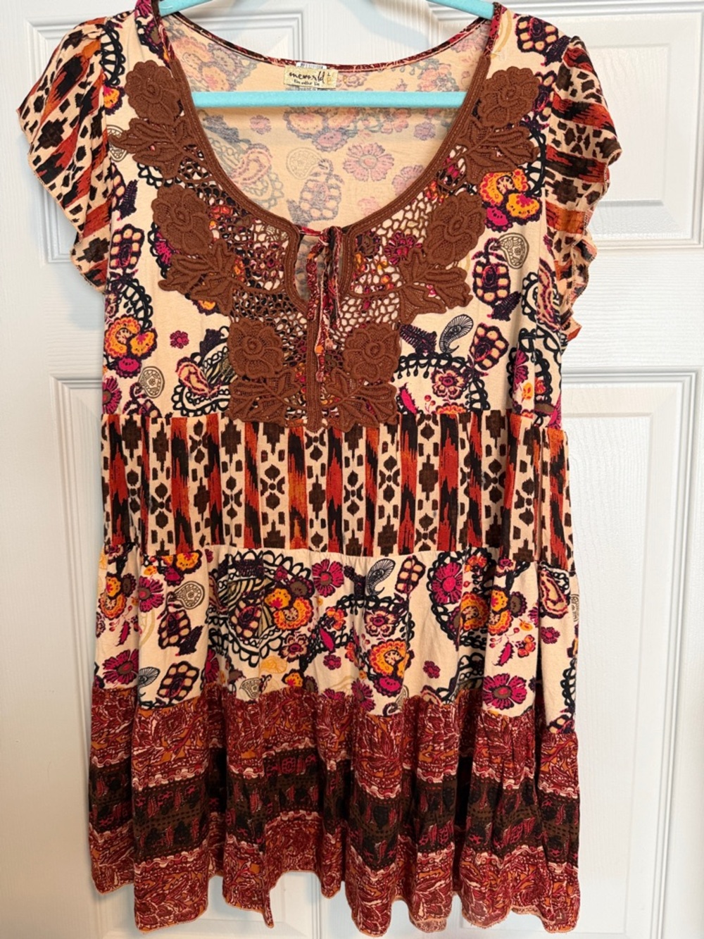 ONE WORLD Cream Tunic with Brown Crochet Floral Yoke and Multicolor Print